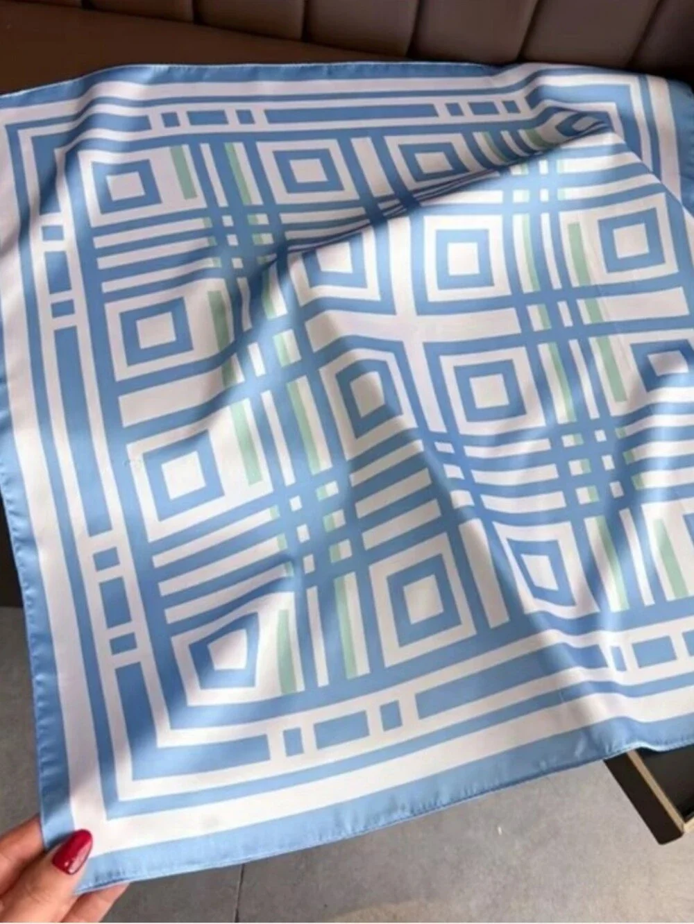 Silk-feel Blue and White Geometric  Scarf Head & Neck Scarf
